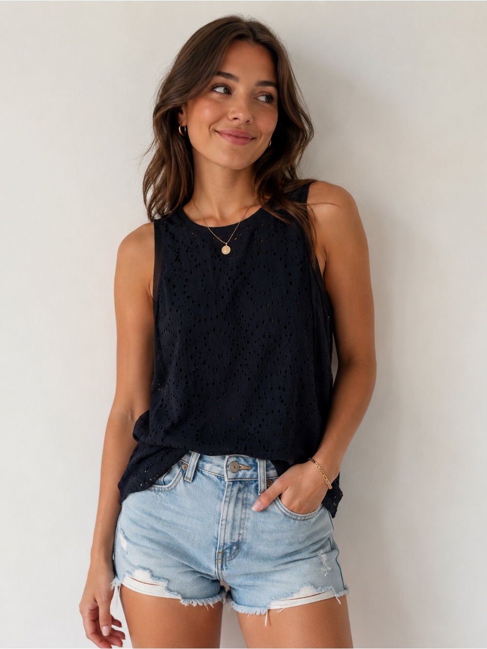 3.1 PHILLIPLIM BLACK HOLES PATTERNED camisole lace TANK TOP S